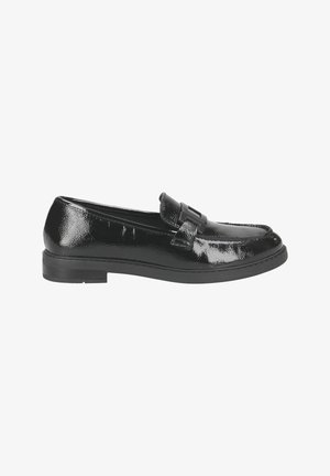 Zwarte gepatenteerde leren loafers met een ronde neus, een decoratieve band en een lage, platte rubberen zool. Glanzende afwerking en soepele textuur.