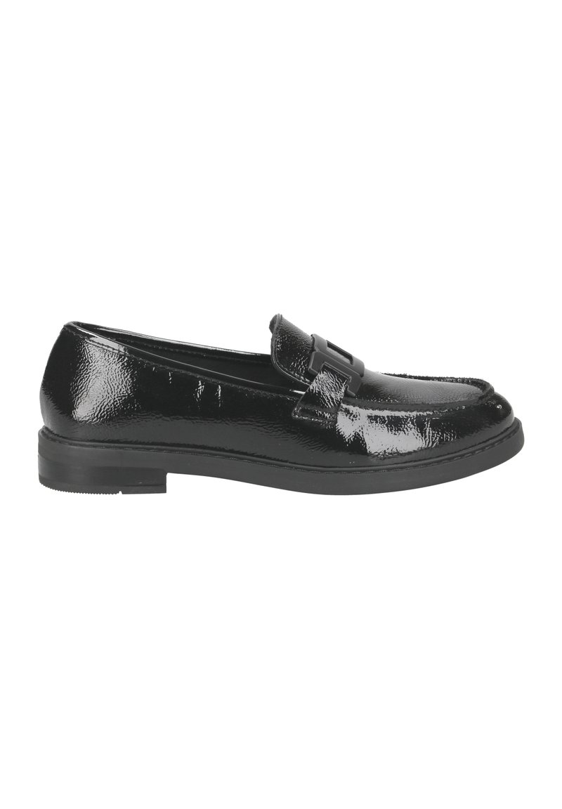 Zwarte gepatenteerde leren loafers met een ronde neus, een decoratieve band en een lage, platte rubberen zool. Glanzende afwerking en soepele textuur.