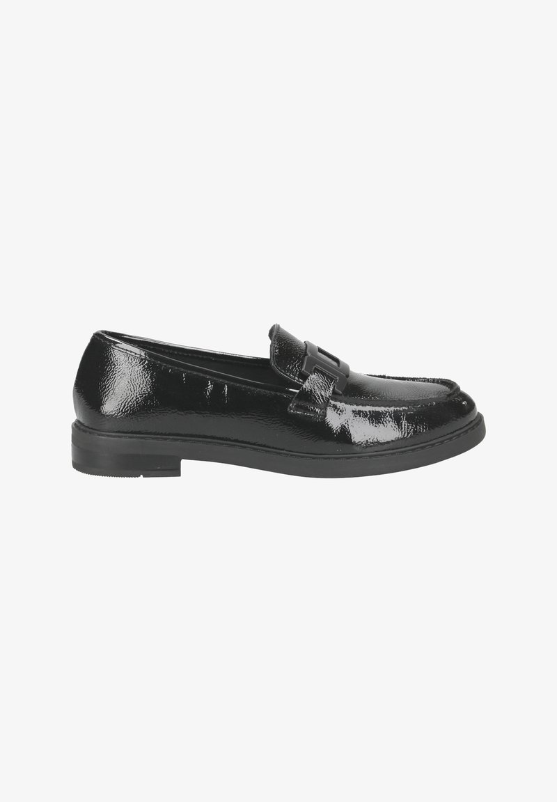 Zwarte gepatenteerde leren loafers met een ronde neus, een decoratieve band en een lage, platte rubberen zool. Glanzende afwerking en soepele textuur.