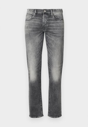 Gray denim jeans with a straight leg design, featuring subtle fading, five pockets, and a button closure. Textured fabric with minimal stitching.
