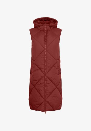Czerwona, pikowana kamizelka bez rękawów z kapturem, o skośnym wzorze. Gładka tekstura, długość do kolan.