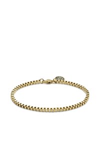 Gold-tone bracelet featuring a flexible, square link design with a lobster clasp and a decorative charm attached. Smooth, polished finish.