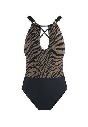 Én-delt baderdragt med et sort og guld zebra-mønster, der har justerbare stropper, en nøglerudeudskæring og en solid sort bund.