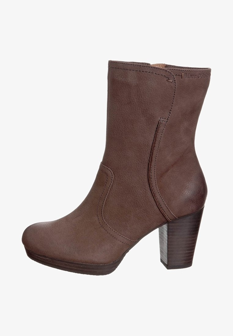 Brown leather ankle boot with a round toe, side stitching details, and a textured wooden block heel. Smooth finish, 4-inch heel height.