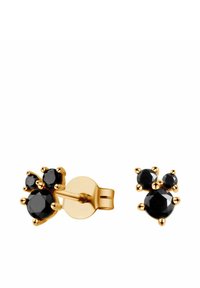 Złote kolczyki-stud w kształcie trzech czarnych, fasetowanych kamieni w różnych rozmiarach, z okrągłymi oprawami i błyszczącymi metalowymi akcentami.