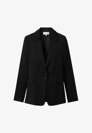 Blazer noir ajusté avec un bouton unique, revers crantés et deux poches avant. Fabriqué à partir d'un tissu lisse avec une silhouette structurée.