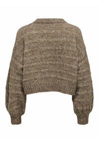 Pull court en tricot brun texturé, doté de manches larges, d'un col rond et d'un ourlet côtelé. Tissu doux et chaud avec un motif subtil.