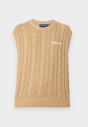 Beež kaabellõngast sallimata kampsunivest ribaga äärega ja rinnal tikitud „POLO SPORT“ logoga.