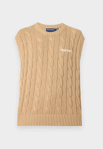 Μπεζ αμάνικη πλεκτή μπλούζα με πλεκτό ρεβέρ και κεντημένο λογότυπο «POLO SPORT» στο στήθος.
