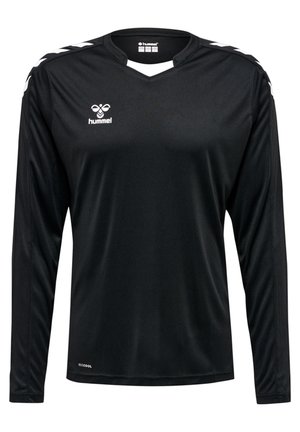 Sort langærmet sports trøje, lavet af glat stof. Har en v-halsudskæring og hvide skrå striber på skuldrene. Logo på brystet.