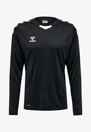 Schwarzes langärmliges Sporttrikot aus glattem Stoff. Mit V-Ausschnitt und weißen diagonalen Streifen an den Schultern. Logo auf der Brust.