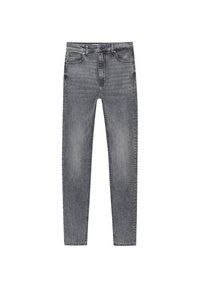 Szare dżinsy z denimu o dopasowanym kroju, wyposażone w pięć kieszeni, zapięcie na guzik i zamek oraz delikatne przetarcia dodające faktury i detali.