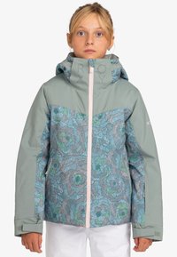 Chaqueta para niñas verde y estampada con un diseño floral y acentos en rosa, cierre de cremallera completa y capucha y puños ajustables.