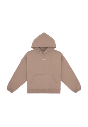 Felpa con cappuccio marrone, dotata di tasca a marsupio frontale e logo bianco. Realizzata in tessuto morbido con polsini e orlo a coste.
