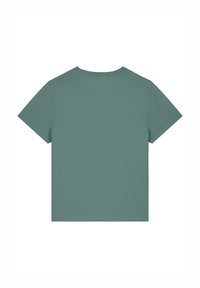Kurzärmliges T-Shirt aus weichem, gedämpftem grünen Stoff mit rundem Ausschnitt und schlichter Rückseite, ausgestattet mit einem lockeren, modernen Schnitt.