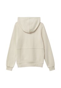 Cremefarbener Kapuzenpullover aus weichem Stoff. Verfügt über eine Kängurutasche und gerippte Bündchen, mit einer glatten Textur und lockerer Passform.