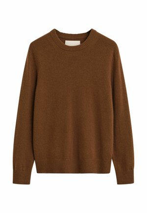 Brauner Strickpullover mit Rundhalsausschnitt, gerippten Bündchen und Saum, in einer sanften Textur, die eine lockere Passform und minimalistische Details bietet.