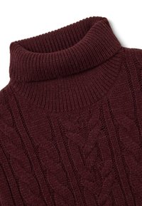 Burgunderroter Strickpullover mit Rollkragen, der einen gerippten Kragen und ein Zopfmuster mit strukturierten Details im gesamten Stoff aufweist.