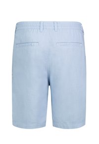 Helles blaues Shorts aus einem glatten Stoff mit einem elastischen Bund, ausgestattet mit zwei Gesäßtaschen und ohne sichtbare Muster oder Beschläge.