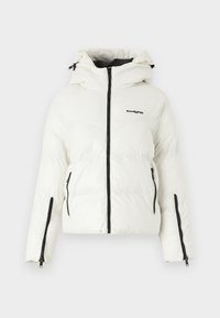 White puffer jacket with a hood, featuring a black zipper, dual side pockets, and a logo on the chest; smooth texture and insulated design.