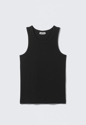 Zwarte katoenen tanktop met een geribbelde textuur, voorzien van een ronde halslijn en brede armsgaten. Etiket zichtbaar bij de hals.