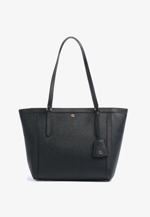 Borsa a tracolla nera realizzata in materiale sintetico testurizzato. Presenta due manici, dettagli in metallo dorato e un piccolo tag con logo.