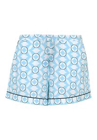 Lichtblauwe shorts met een cirkelpatroon in donkerblauw en wit, met een zwarte rand langs de zoom, gemaakt van een gladde, lichte stof.