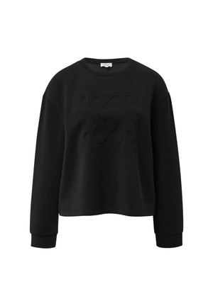 Schwarzes, kurzes Sweatshirt aus weichem Stoff. Verfügt über lange Ärmel und ein erhabenes Design auf der Vorderseite mit komplizierten Schleifenmustern.