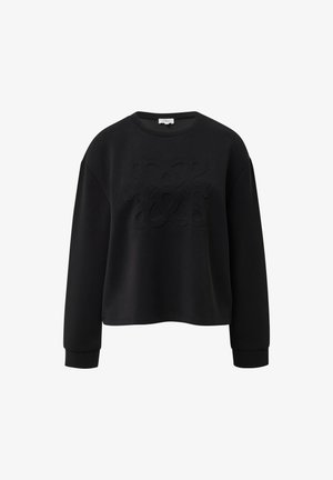 Zwarte cropped sweatshirt gemaakt van zachte stof. Heeft lange mouwen en een reliëfontwerp aan de voorkant met ingewikkelde lussenpatronen.