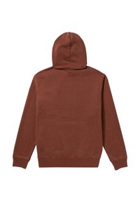 Hoodie marron en tissu doux avec capuche, manches longues et bords côtelés. Texture lisse de couleur unie.