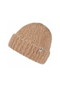 Light brown knitted woolen beanie with a folded rim and a small rectangular fabric tag on the side.