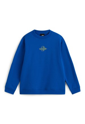 Blauw sweatshirt met ronde hals en een klein geel Vans dinosauruslogo gecentreerd op de borst, met geribbelde manchetten en zoom.