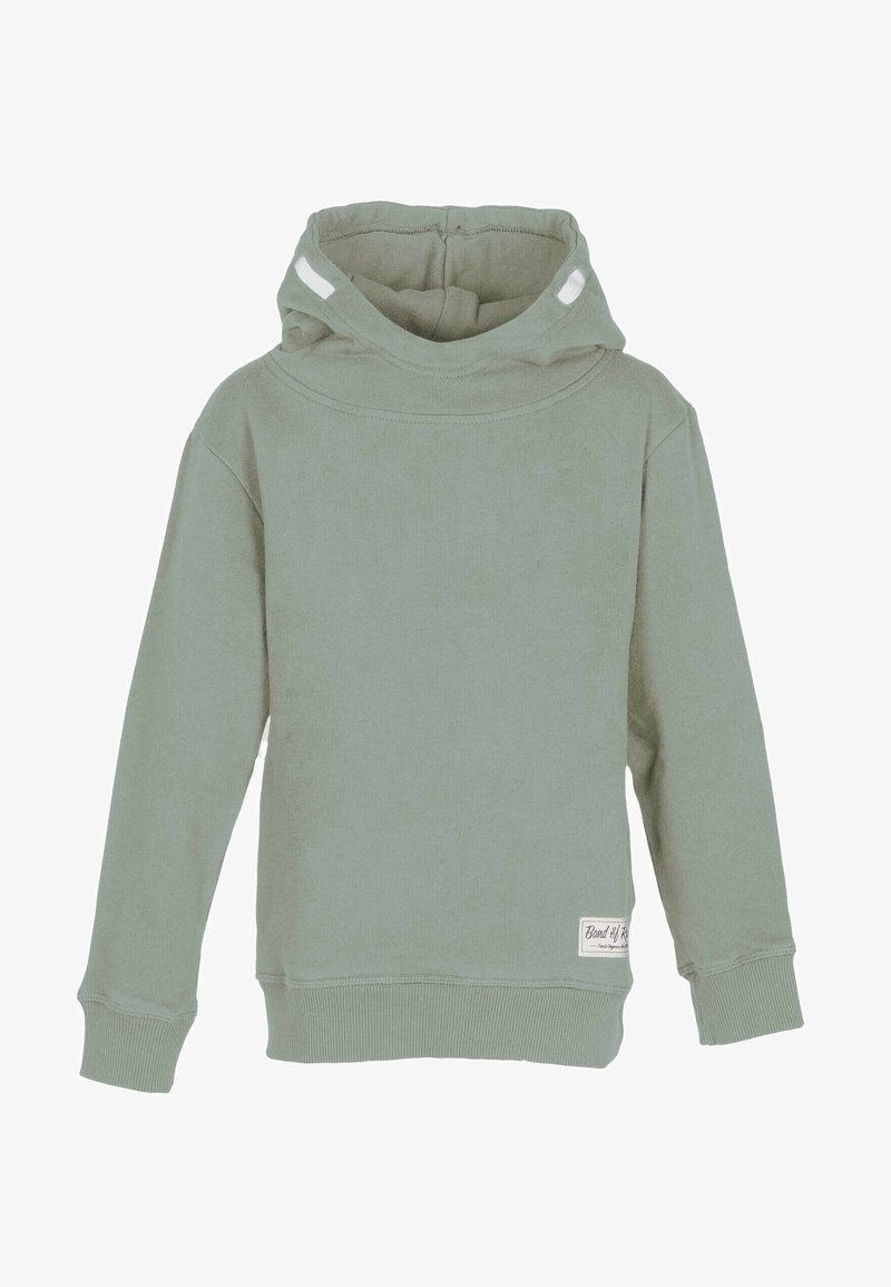 Felpa con cappuccio verde chiaro in morbido cotone. Presenta un collo alto, polsini a costine e una piccola etichetta sul lato inferiore.