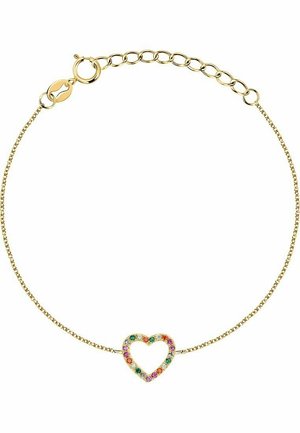 Goldkette Armband mit einem durchbrochenen Herzdesign, verziert mit mehrfarbigen Edelsteinen. Verstellbarer Verschluss mit einer Kettenverlängerung.