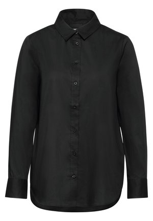 Černá košile s dlouhým rukávem na knoflíky s límcem, strukturovaným střihem, hladkou bavlněnou látkou a zaobleným lemem. Má černé knoflíky.