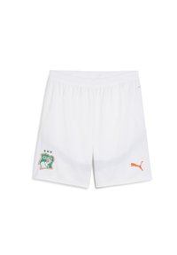 Shorts de football blancs avec une taille élastique, arborant un emblème de la Côte d'Ivoire vert et orange ainsi qu'un logo Puma orange.