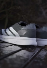 Paar graue und weiße Laufschuhe mit dicken weißen Sohlen, die auf einer Holzoberfläche im Freien bei schwachem Licht liegen.
