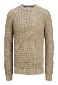 Pull beige en maille à col rond avec manches longues et poignets et ourlet côtelés, présentant un motif en relief façon gaufre.