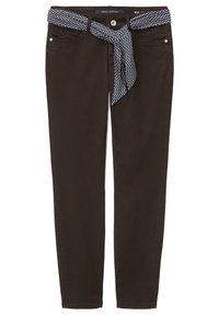 Pantaloni di cotone marroni con vestibilità slim, dotati di una cintura in tessuto a pois annodata in vita e due tasche frontali.
