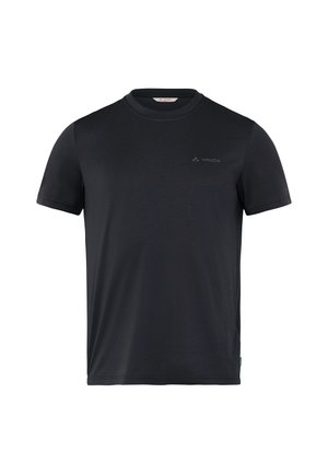 Schwarzes Kurzarm-T-Shirt aus glattem, atmungsaktivem Material. Verfügt über ein dezentes Logo auf der Brust und ein grünes Akzentetikett am Saum.