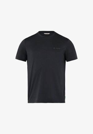 Schwarzes Kurzarm-T-Shirt aus glattem, atmungsaktivem Material. Verfügt über ein dezentes Logo auf der Brust und ein grünes Akzentetikett am Saum.