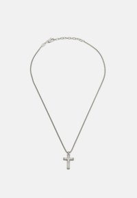 Collier en chaîne argentée avec un petit pendentif en forme de croix, au design simple et à la texture lisse. Fermoir avec longueur ajustable.