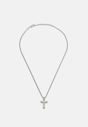 Collana in argento con pendente a croce piccolo, caratterizzata da una texture liscia e un design semplice. Chiusura a scatto con lunghezza regolabile.