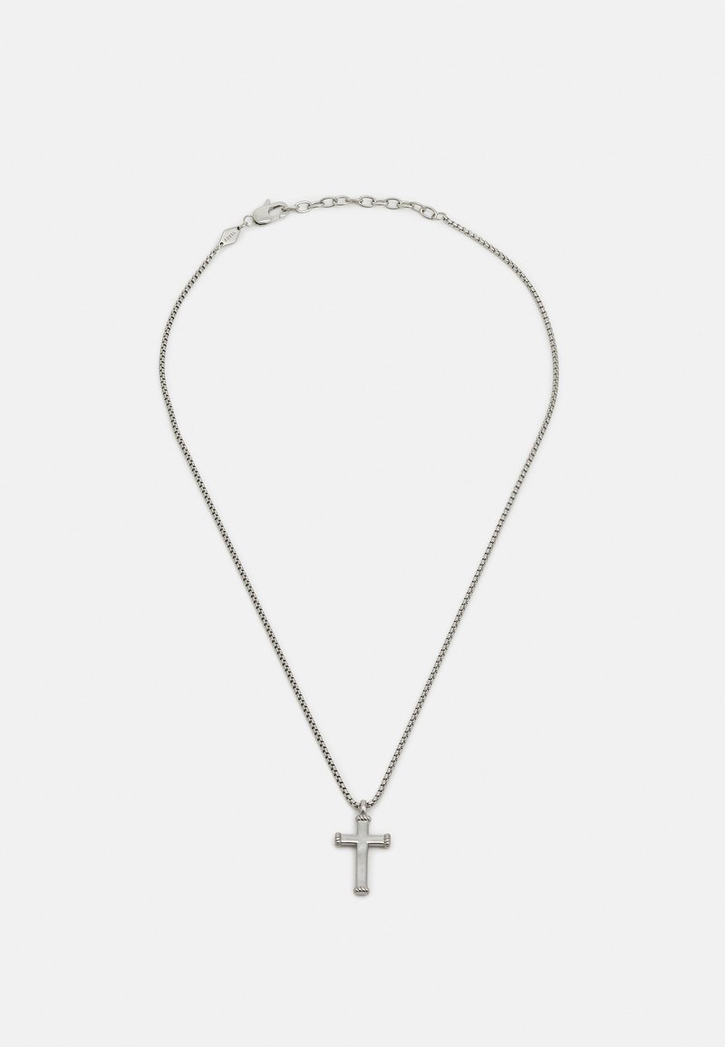 Silver chain necklace featuring a small cross pendant, with a smooth texture and simple design. Clasp closure with an adjustable length.