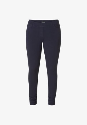 Marineblauwe, slank gesneden broek tot op de enkel met elastische tailleband en voorzakken, gemaakt van rekbare stof.