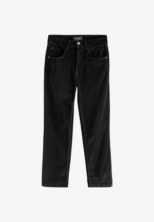 Schwarze Denim-Jeans mit geradem Schnitt, ausgestattet mit Fronttaschen und einem Knopfverschluss. Hergestellt aus weichem Stoff mit einer glatten Textur.