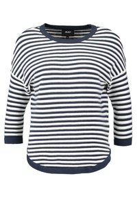 Gestreiftes Oberteil, navy und weißer Baumwollmischung, drei Viertel Ärmel, runder Ausschnitt, leicht abgerundeter Saum, lässiges Design.