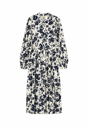 Sukienka midi z długim rękawem w granatowy kwiatowy wzór na białym tle, zapinana z przodu na guziki, z paskiem do wiązania w talii.