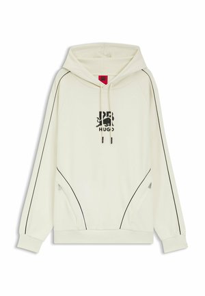 Felpa con cappuccio bianca con cuciture nere a tubolare, tasche anteriori con cerniera, coulisse e logo nero centrale con testo sotto il cappuccio.