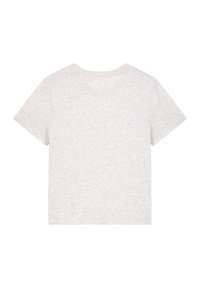 T-shirt à manches courtes gris clair en coton doux. Présente un col rond et une coupe décontractée, avec une texture lisse et sans motifs visibles.